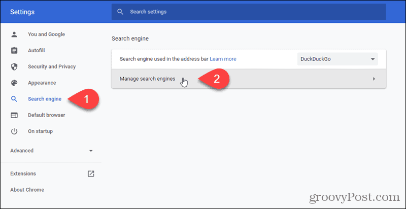 Нажмите Управление поисковыми системами в Chrome.