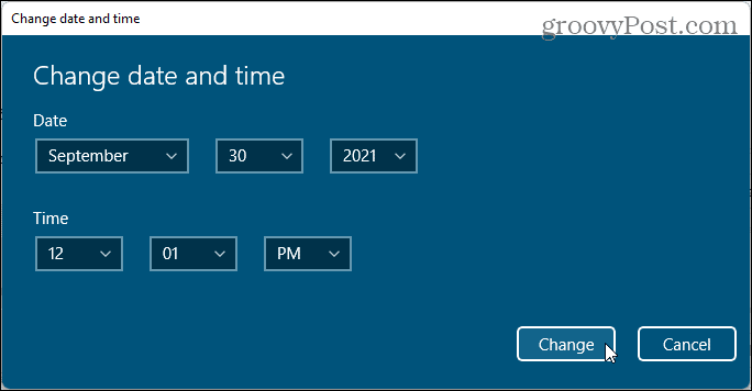 Диалоговое окно изменения даты и времени в Windows 11