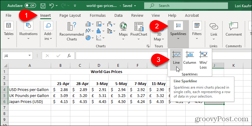 Выберите тип спарклайна Excel