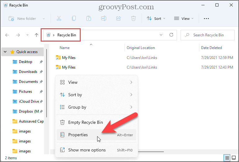 Открыть свойства из папки «Корзина» в Windows 11