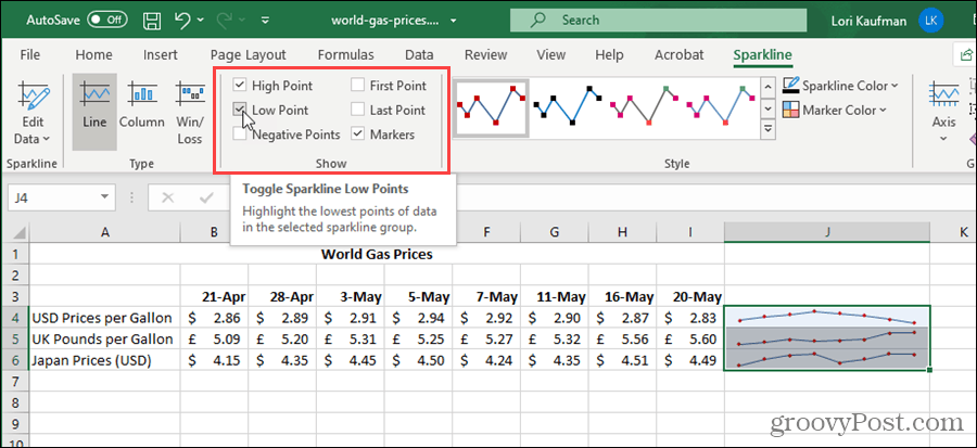 Показать параметры спарклайнов в Excel