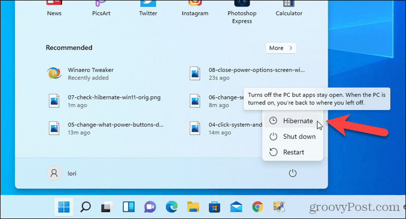 Параметр гибернации доступен в меню «Пуск» в Windows 11.