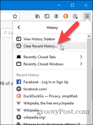 Выберите «Очистить недавнюю историю» в меню «История» в Firefox.