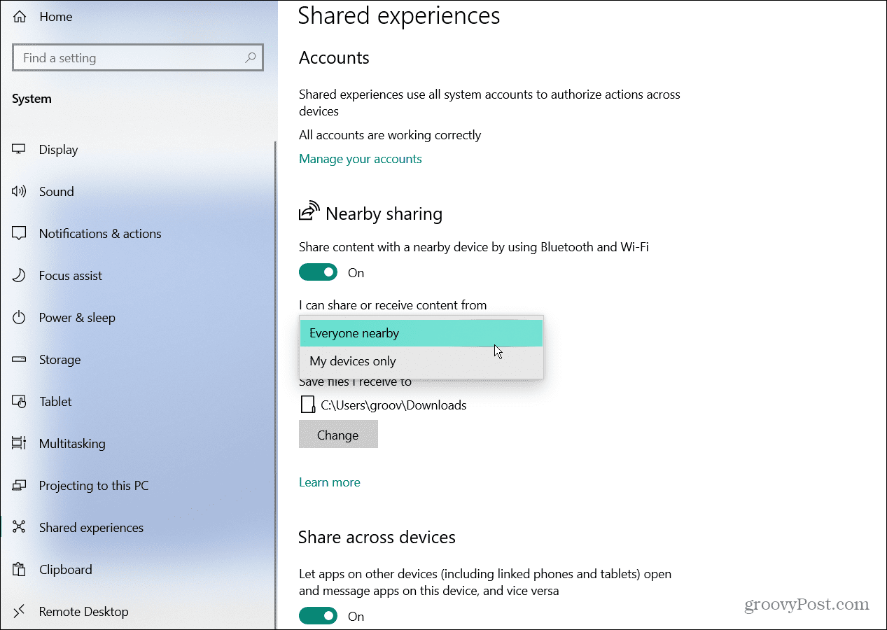 Общий доступ к Windows 10 поблизости