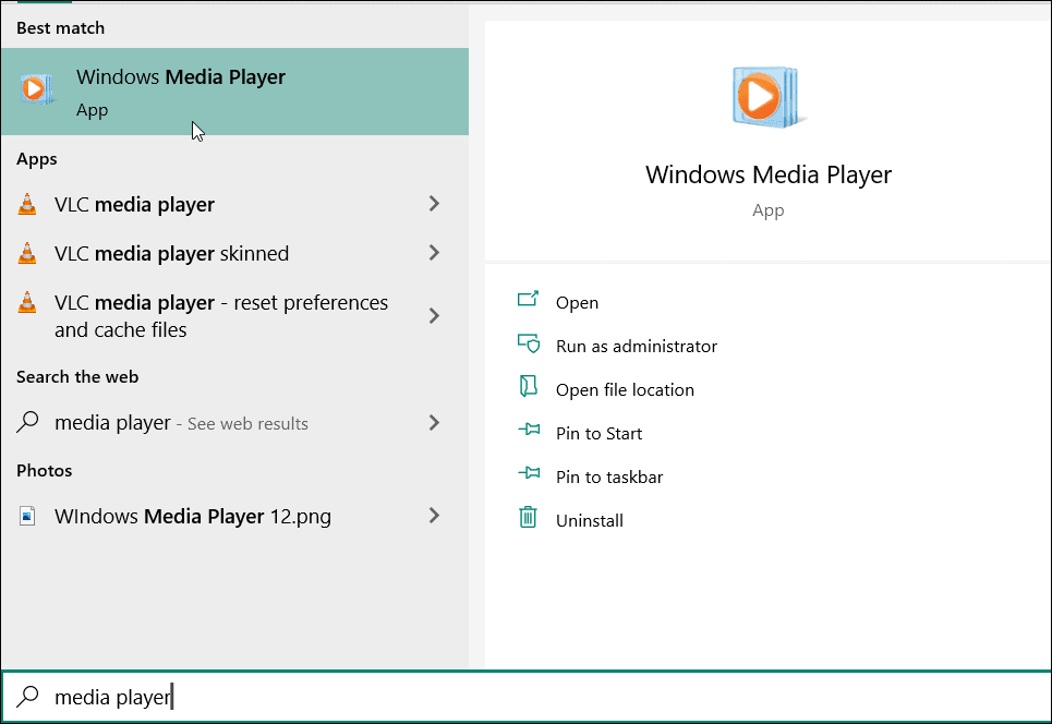 найти проигрыватель Windows Media в Windows 10