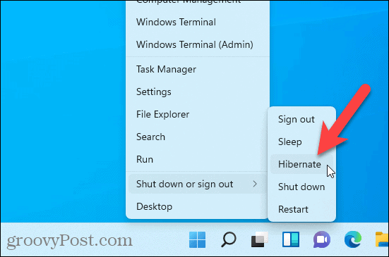 Параметр гибернации доступен в меню Windows + X в Windows 11.
