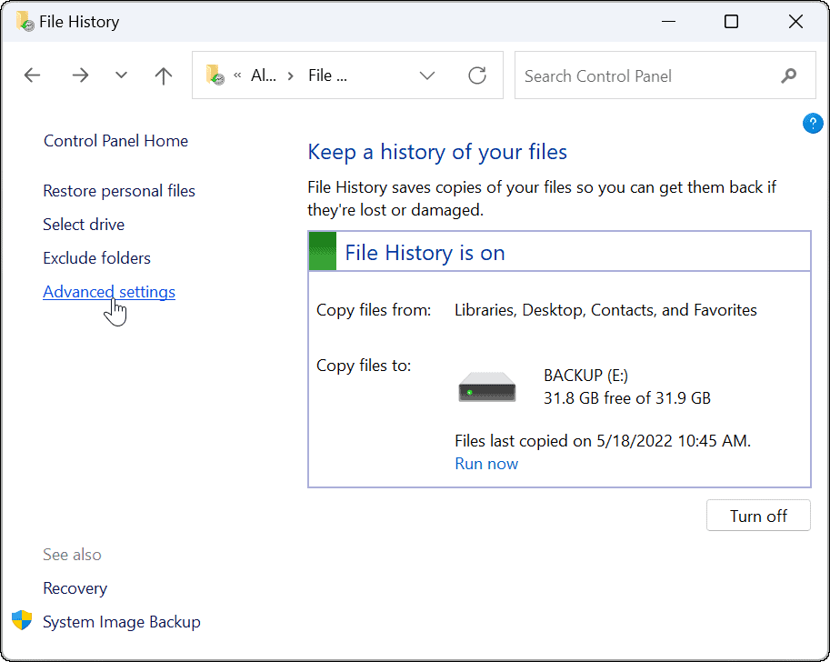 расширенное использование истории файлов в Windows 11