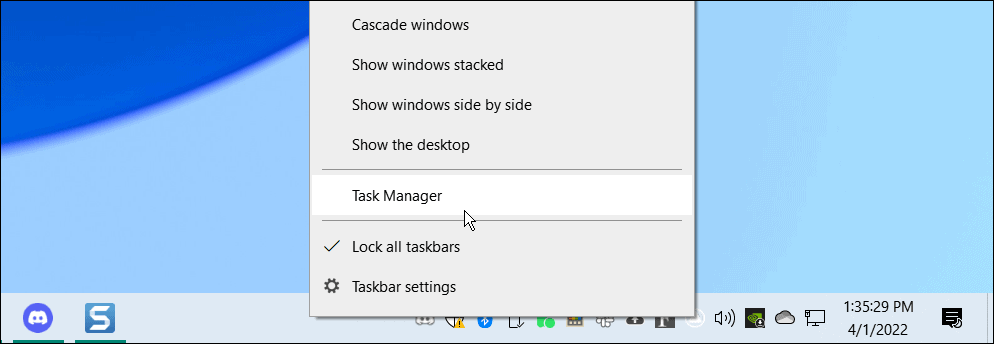 открыть диспетчер задач из панели задач Windows 10