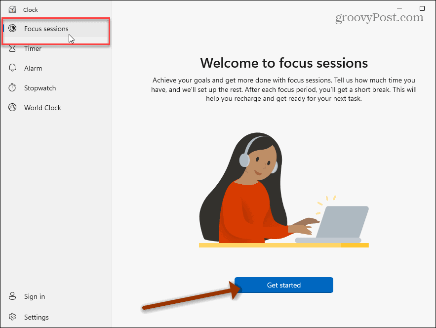 Приложение «Часы» Focus Sessions Windows 11