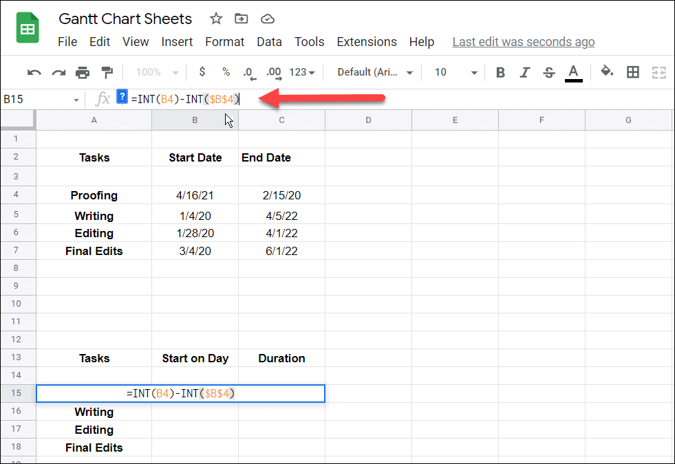 2 Введите формулу Создайте диаграмму Ганта в листах Google