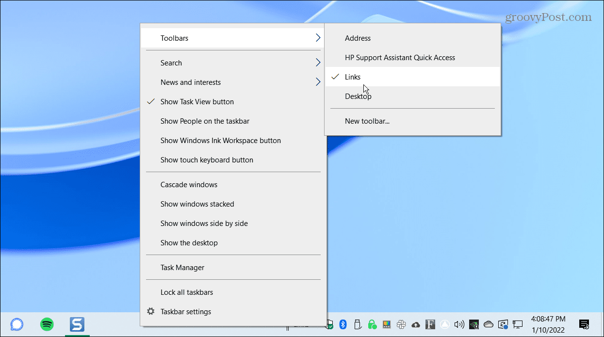 Панели инструментов Ссылки центрируют панель задач Windows 10
