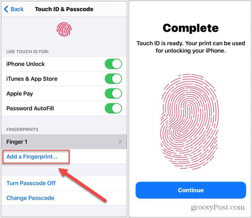 добавить отпечаток пальца в сенсорный идентификатор iPhone