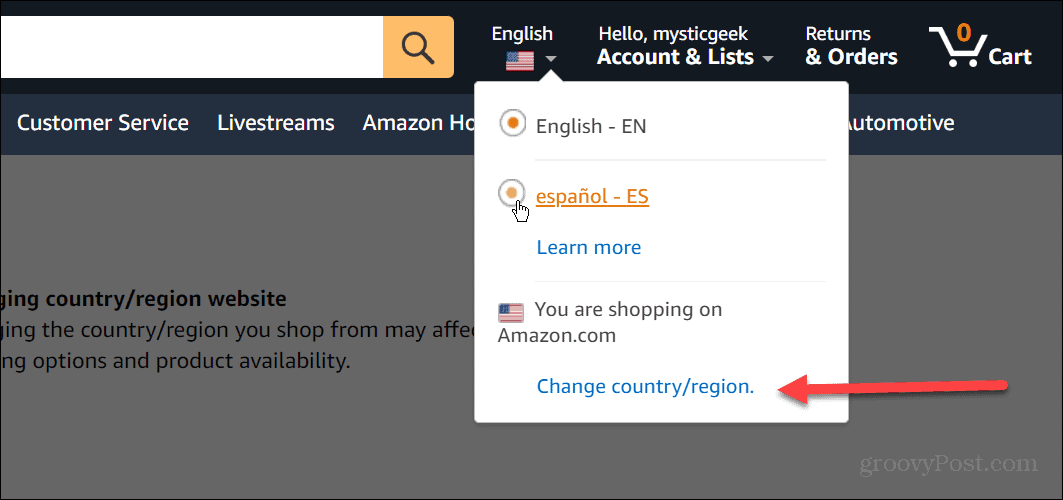 Изменить язык на Amazon