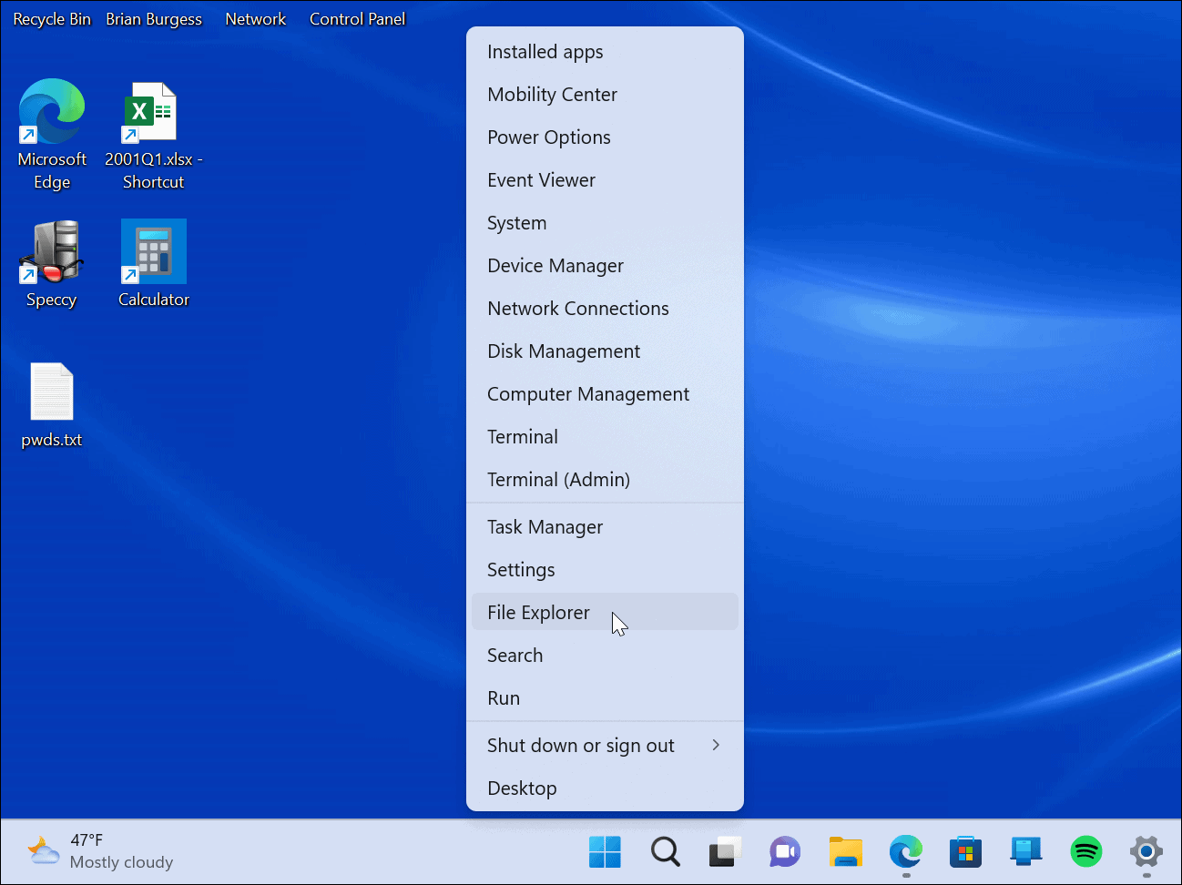 Доступ к меню опытного пользователя в Windows 11
