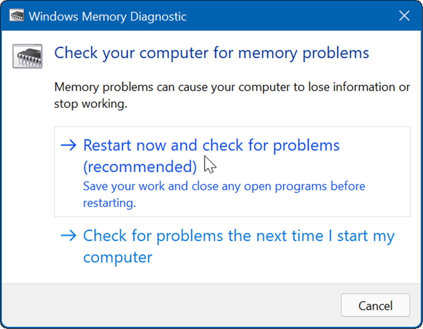 перезапуск диагностики памяти Windows и проверка