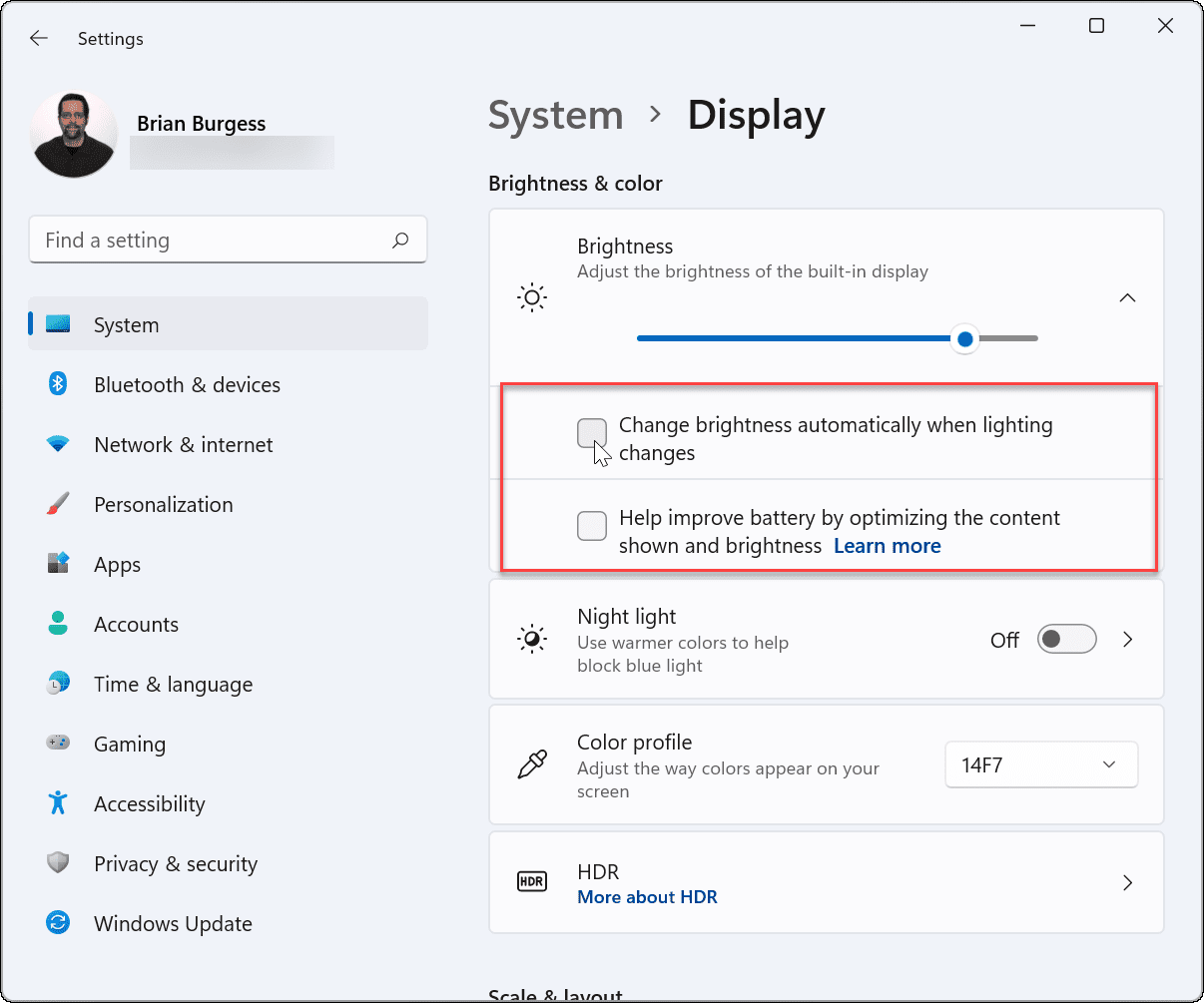 Отключить или управлять автоматической яркостью в Windows 11
