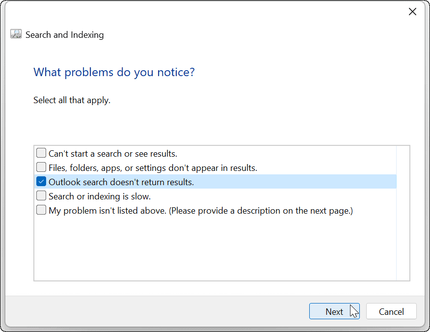 Поиск Windows 11 Outlook не работает
