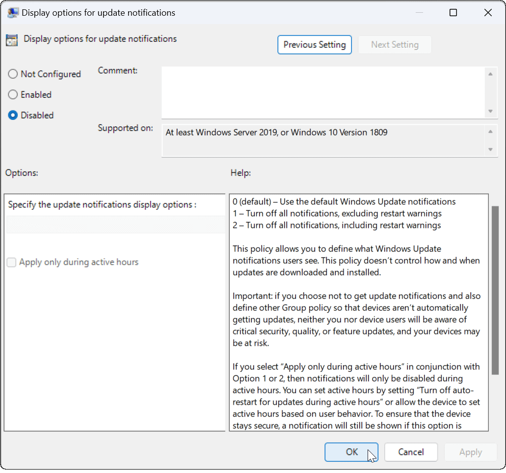 Отключить уведомления об обновлениях в Windows 11