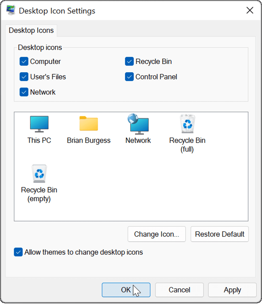 вернуть устаревшие значки рабочего стола в Windows 11
