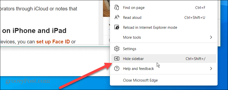 Отключить боковую панель Microsoft Edge