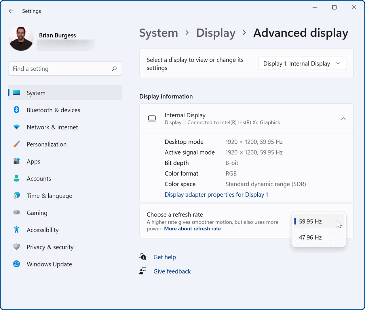 изменить частоту обновления в Windows 11