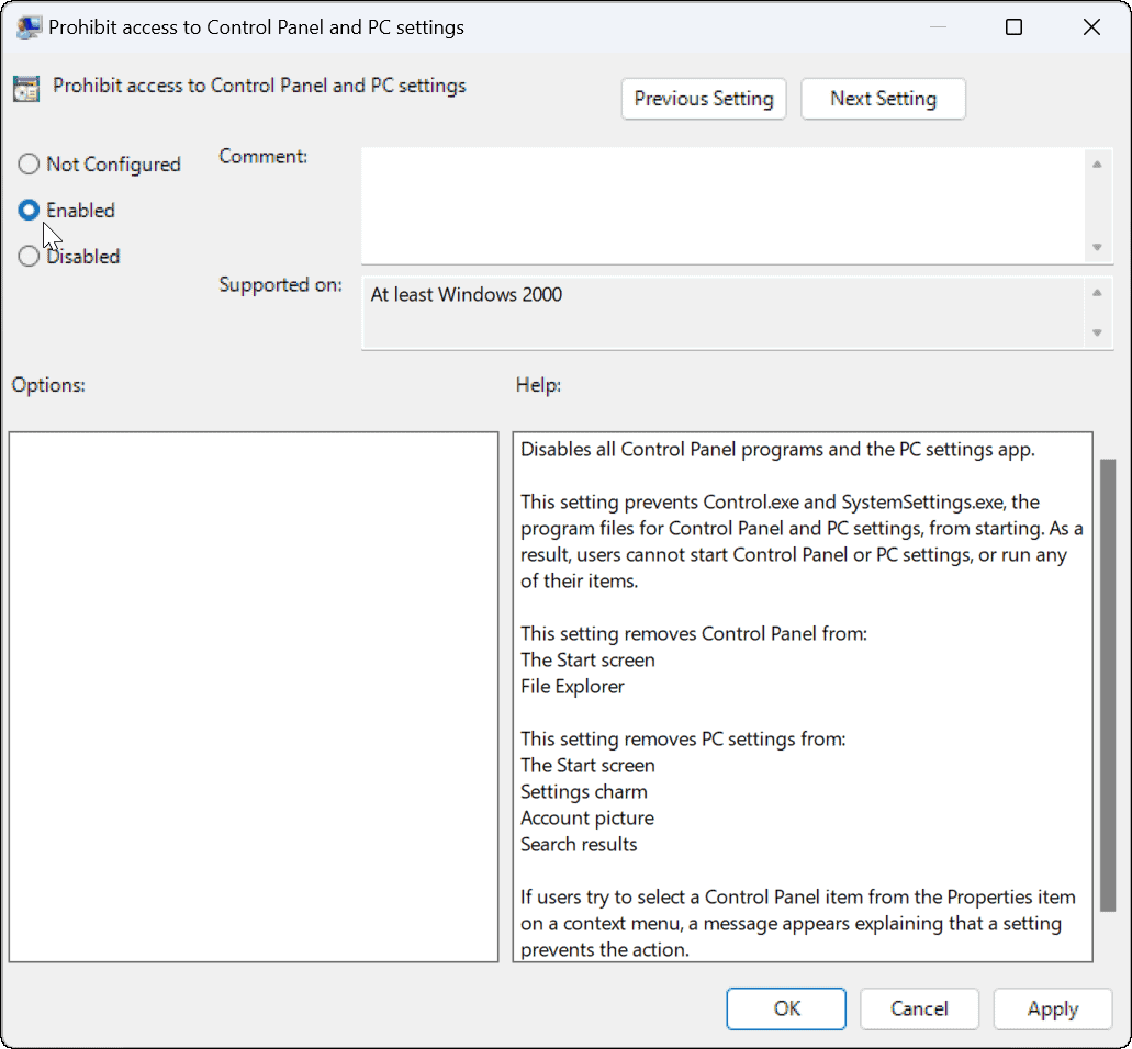 Заблокировать пользователей от настроек в Windows 11