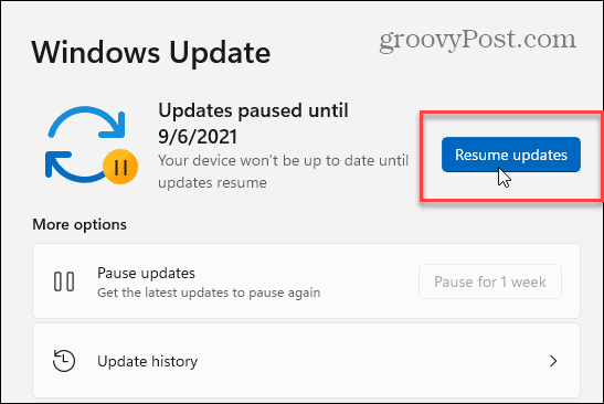 Возобновление обновлений Windows 11
