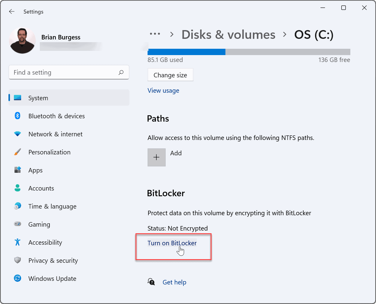 Включите битлокер, используйте шифрование битлокатора в Windows 11