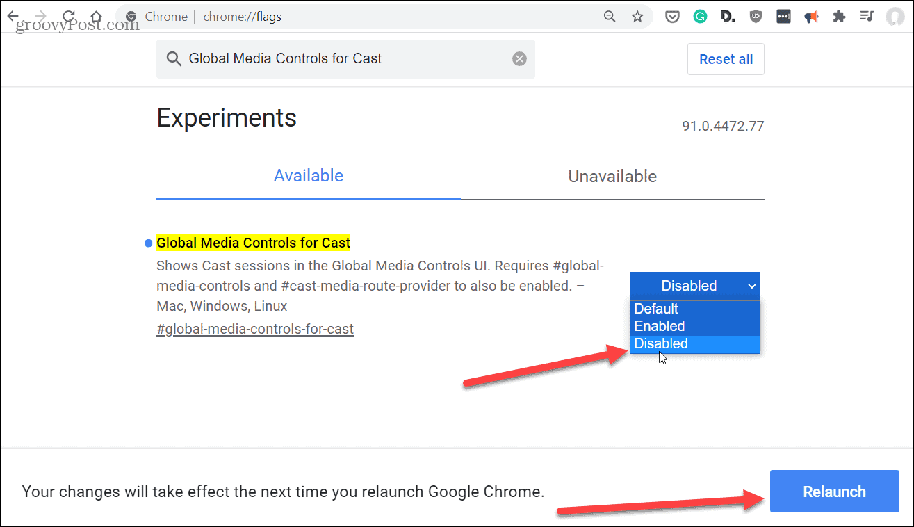 изменить флаг Chrome на отключено