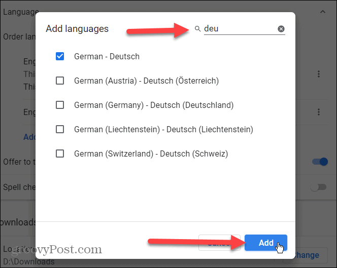 выберите язык для добавления в Chrome