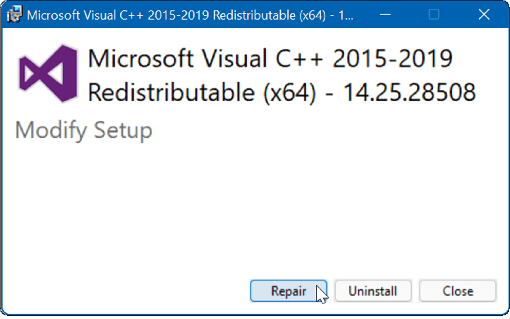 восстановить распространяемый пакет Microsoft Visual C
