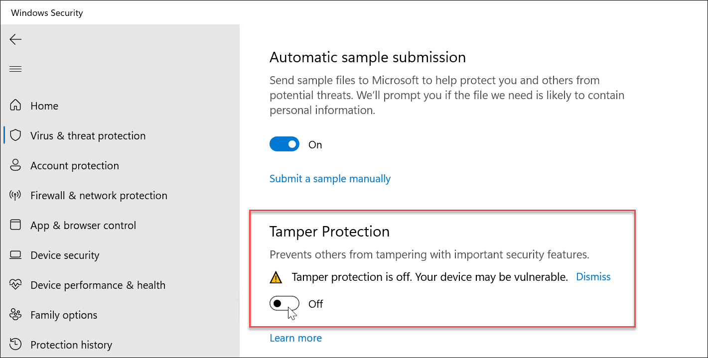 Включение или выключение защиты от несанкционированного доступа в Windows 11