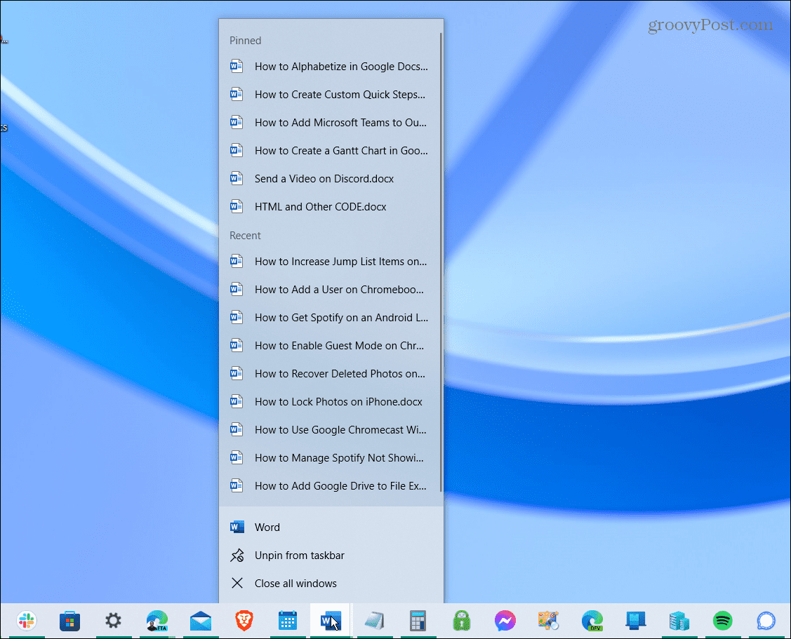 Увеличение элементов списка переходов в Windows 