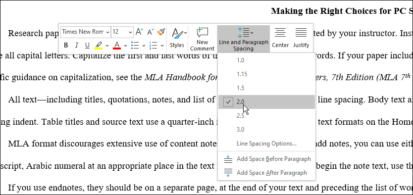 интервал использовать формат mla в Microsoft Word