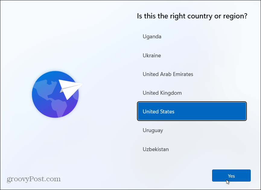 Выберите страну Установите Windows 11