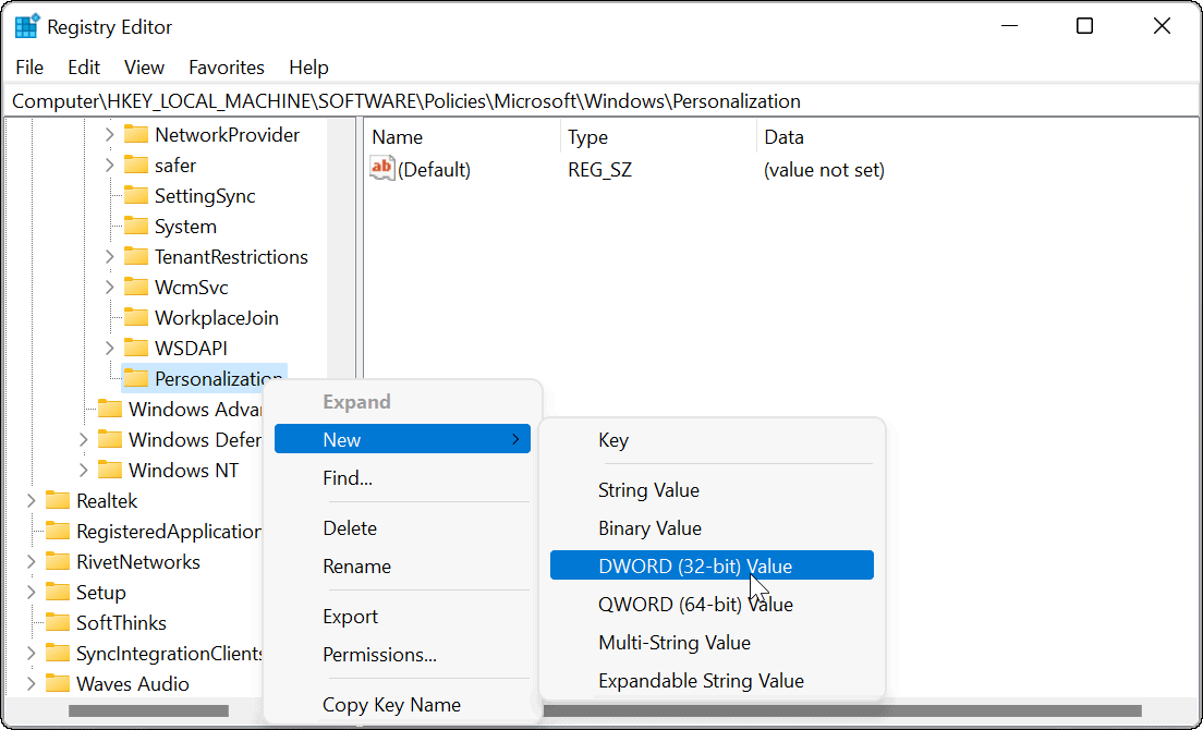 Отключить экран блокировки в реестре Windows 11