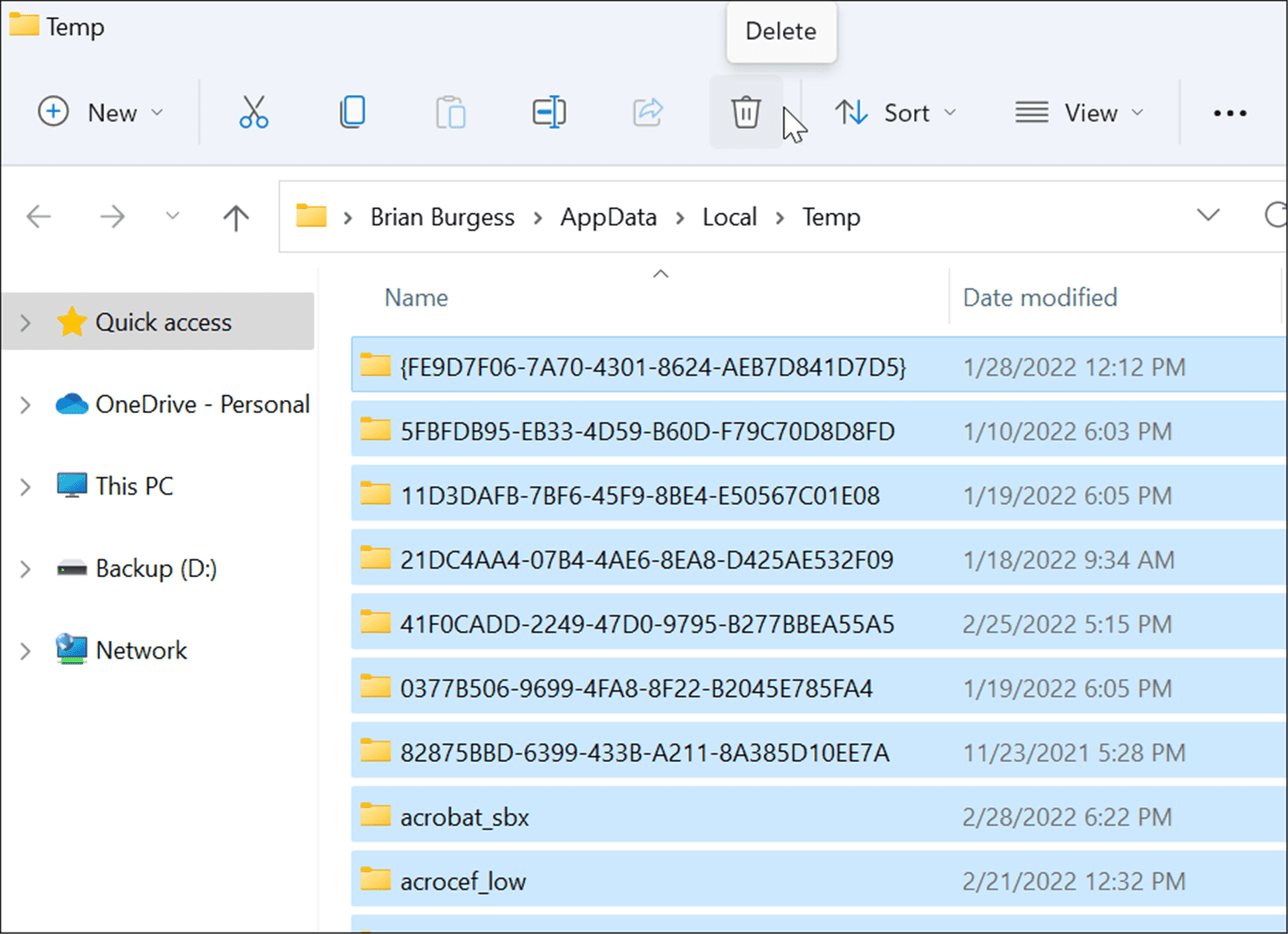 удалить временные файлы исправить 100-процентное использование диска в Windows 11