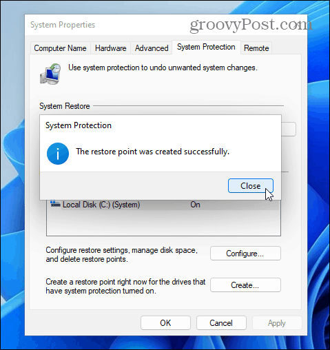 точка восстановления успешная Windows 11