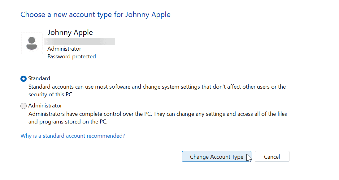 Изменить тип учетной записи в Windows 11