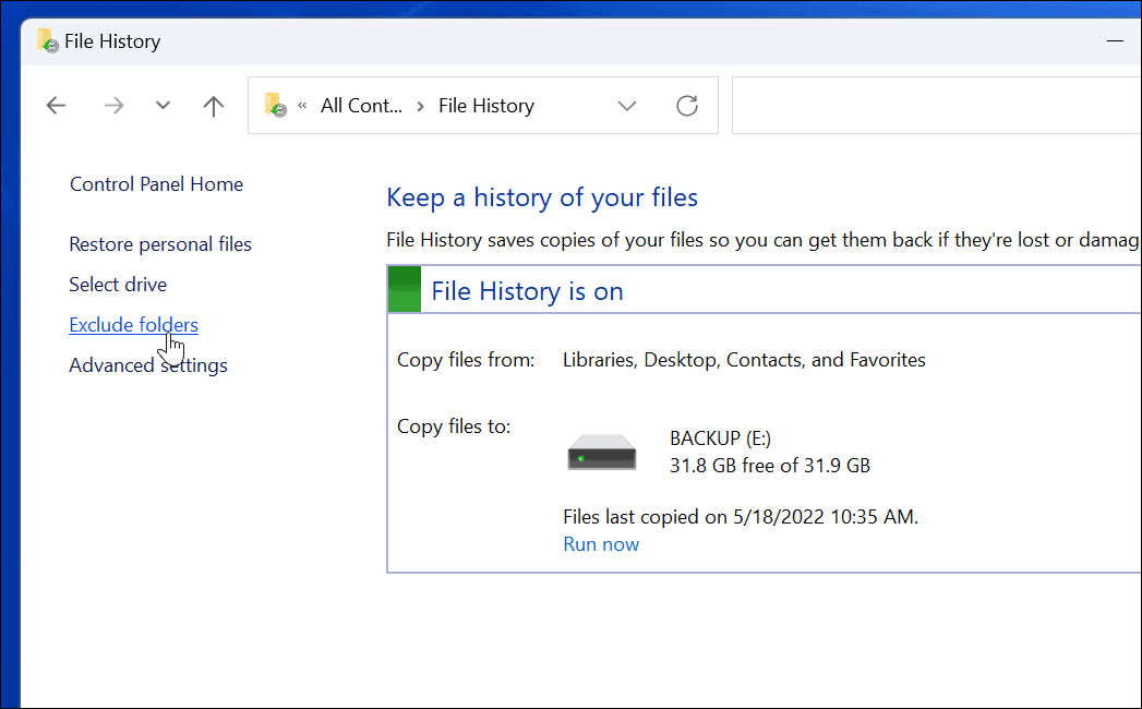 Исключить использование истории файлов в Windows 11