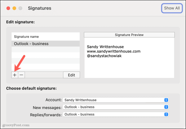 Добавление новой подписи в Outlook на Mac