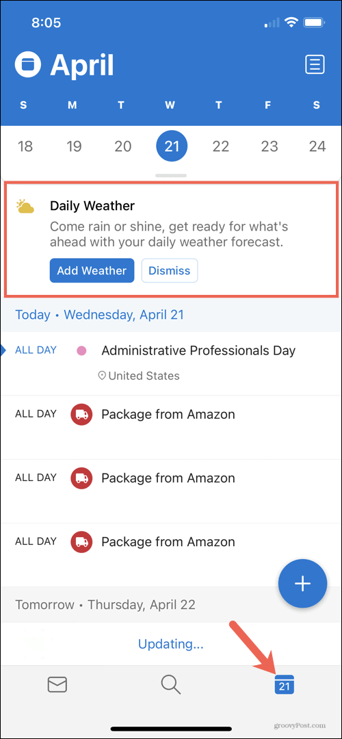 Добавить уведомление о погоде в Outlook на iPhone