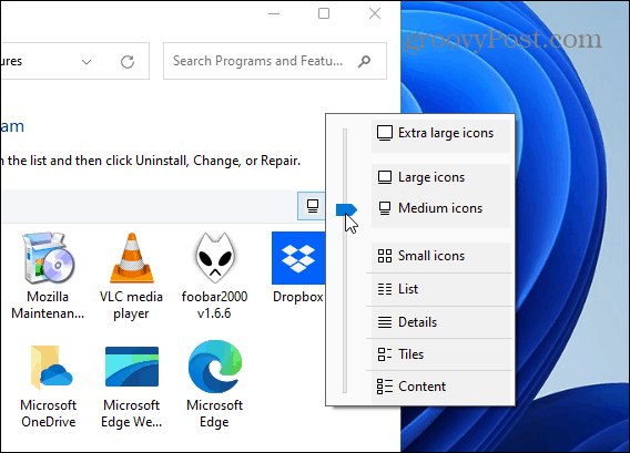 Изменить размер значка приложения в панели управления Windows 11