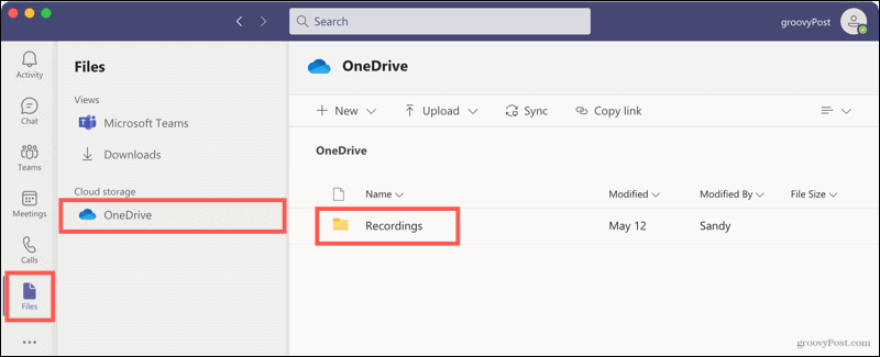 Файлы, OneDrive, записи в Teams