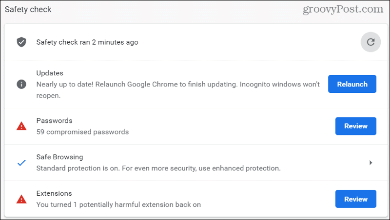 Результаты проверки безопасности Chrome