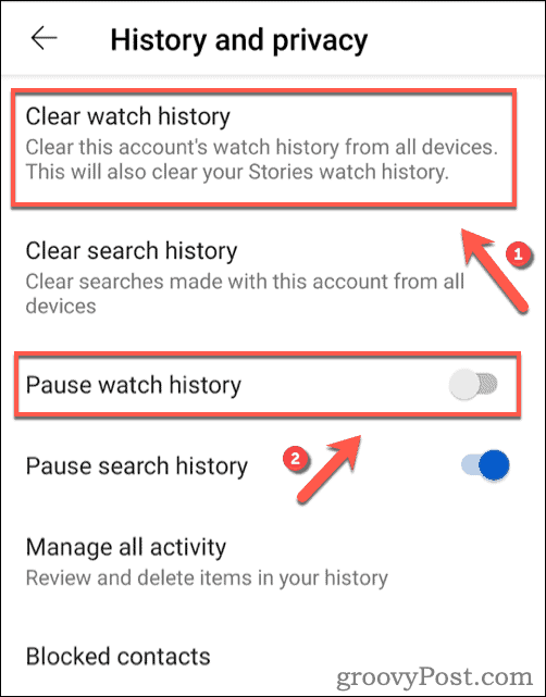 Очистка истории просмотров YouTube на Android.