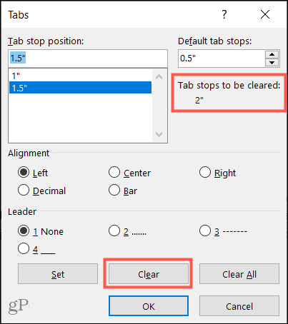 Очистить одну позицию табуляции в Windows