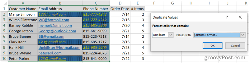 Пользовательские форматированные дубликаты в Excel