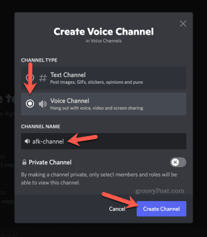 Настройка параметров нового голосового канала в Discord