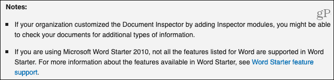Примечания инспектора документов от службы поддержки Майкрософт